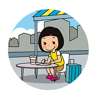 전신 여자 유럽 커피 해외여행 여행 일러스트 한명 앉기 성인 건물 캐리어 기록 국내일러스트 AI파일 1 해외 건축물 나라 음료 모션 사람 여행가방 파일형식 벡터