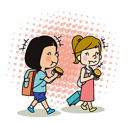 전신 여자 유럽 해외여행 여행 일러스트 성인 두명 친구 걷기 캐리어 햄버거 먹기 맛있는 국내일러스트 AI파일 해외 나라 관계 모션 패스트푸드 사람 여행가방 파일형식 벡터