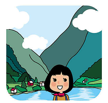 여자 유럽 해외여행 여행 일러스트 산 주택 북유럽 한명 상반신 성인 강 마을 국내일러스트 AI파일 1 해외 나라 사람 건물 파일형식 벡터