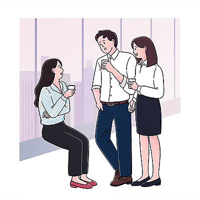 전신 PSD 여자 남자 커피 일러스트 회사 티타임 휴식 대화 서기 앉기 성인 세명 비즈니스라이프 사무실 직장인 비즈니스맨 비즈니스우먼 종이컵 국내일러스트 직업 라이프스타일 음료 컨셉 비즈니스 모션 말하기 사람 컵 일회용 파일형식