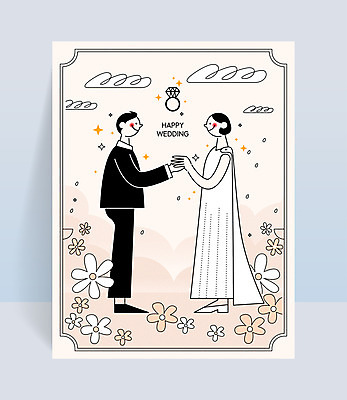 전신 구름 커플 여자 남자 꽃 신부 신랑 결혼 일러스트 사랑 서기 이벤트 성인 두명 기쁨 콜라주 다이아몬드반지 국내일러스트 AI파일 자연요소 식물 감정 관계 모션 사람 반지 파일형식 벡터