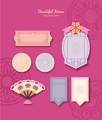 한국전통 문양 리본 패턴 일러스트 프레임 사람없음 장식 세트 전통무늬 라벨 부채 격자 문패 프레임일러스트 전통프레임 국내일러스트 AI파일 전통 무늬 한국 파일형식 벡터