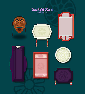 한국전통 문양 리본 패턴 일러스트 프레임 사람없음 장식 세트 전통무늬 라벨 구슬 격자 하회탈 문패 프레임일러스트 전통프레임 국내일러스트 AI파일 전통 무늬 한국 탈 파일형식 벡터