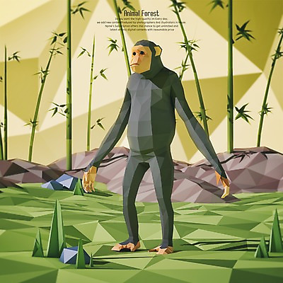 PSD 동물 편집이미지 한마리 사람없음 3D 원숭이 숲 대나무 디지털합성 고릴라 침팬지 폴리곤 편집3D 나무 1 포유류 파일형식