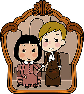 전신 드레스 여자 유럽 여행 액자 컨셉 일러스트 서기 앉기 성인 두명 친구 우정 클래식 근대 유럽여행 국내일러스트 AI파일 옷 나라 해외여행 채소 관계 모션 사람 파일형식 벡터