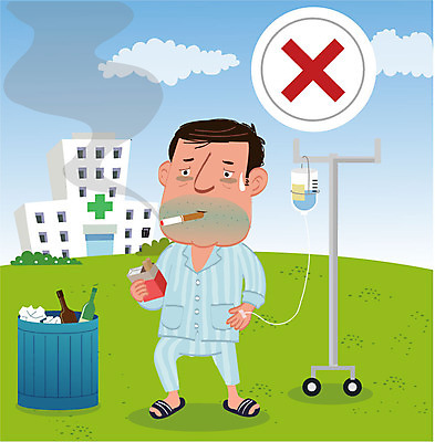 전신 남자 캠페인 일러스트 하늘 술병 담배 병원 한명 서기 잔디 성인 치료 환자 금지 쓰레기통 질병 링거 암 국내일러스트 AI파일 식물 1 의학 의료기기 모션 병_용기 주류 사람 파일형식 벡터