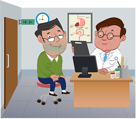 전신 남자 캠페인 일러스트 병원 앉기 상반신 성인 두명 치료 컴퓨터 진료 의사 질병 암 국내일러스트 AI파일 의학 모션 사람 전자제품 의료진 파일형식 벡터