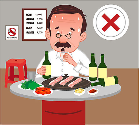 남자 캠페인 일러스트 한명 앉기 상반신 성인 치료 금지 질병 음주 삼겹살 소주 암 식도암 국내일러스트 AI파일 1 의학 모션 주류 돼지고기 사람 파일형식 벡터