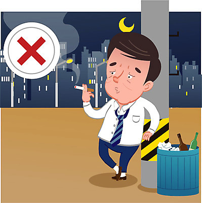 전신 남자 캠페인 일러스트 술병 담배 한명 서기 성인 치료 금지 쓰레기통 질병 음주 금연 암 국내일러스트 AI파일 1 의학 모션 병_용기 주류 사람 사회이슈 파일형식 벡터