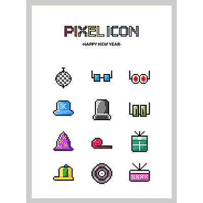 아이콘 모자 안경 조명 새해 사람없음 선물상자 세트 선글라스 고깔모자 피리 새해선물 픽셀 픽셀아이콘 2D아이콘 AI파일 모자_잡화 잡화 선물 상자 목관악기 파일형식 벡터 명절선물