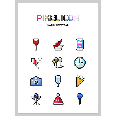 아이콘 모자 시계 와인잔 새해 폭죽 사람없음 스마트폰 세트 카메라 와인 샴페인 마이크 풍선 픽셀 픽셀아이콘 2D아이콘 AI파일 잡화 음향기기 술잔 주류 전자제품 핸드폰 스마트기기 파일형식 벡터