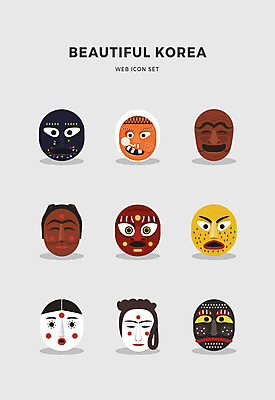 아이콘 한국전통 전통 사람없음 세트 하회탈 각시탈 부네탈 양반탈 2D아이콘 AI파일 한국 탈 전통탈 파일형식 벡터