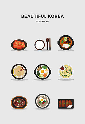 아이콘 한국전통 전통 음식 밥 김치 사람없음 세트 된장찌개 비빔밥 부침개 냉면 불고기 떡갈비 백숙 2D아이콘 AI파일 한식 여름음식 한국 찌개 파일형식 벡터