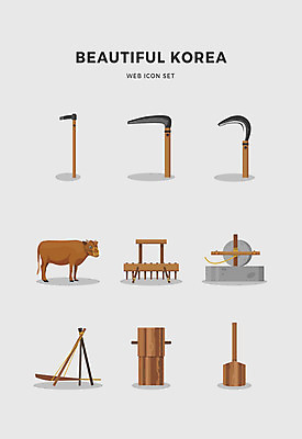 아이콘 한국전통 전통 사람없음 세트 소 농기구 낫 고무래 괭이 2D아이콘 AI파일 농업 포유류 한국 파일형식 벡터