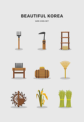 아이콘 한국전통 전통 논 사람없음 세트 벼 농기구 물레방아 갈퀴 무자위 2D아이콘 AI파일 농업 곡류 한국 파일형식 벡터