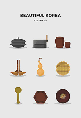 아이콘 한국전통 전통 사람없음 세트 소쿠리 항아리 가마솥 주걱 맷돌 놋쇠 조롱박 조리개 2D아이콘 AI파일 주방용품 한국 바구니 도자기 솥 파일형식 벡터