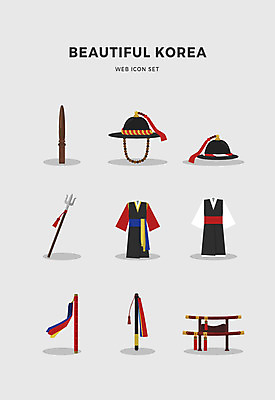 아이콘 모자 한국전통 전통 사람없음 세트 칼 지휘봉 삼지창 포졸 2D아이콘 AI파일 잡화 창 한국 파일형식 벡터