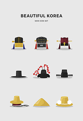 아이콘 모자 한국전통 전통 사람없음 세트 삿갓 금관 패랭이 흑립 2D아이콘 AI파일 모자_잡화 잡화 꽃 전통소품 한국 갓_모자 파일형식 벡터