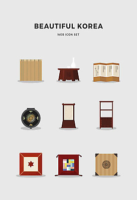 아이콘 한국전통 전통 발 탁자 방석 사람없음 세트 거울 등불 장롱 병풍 2D아이콘 AI파일 가구 조명 한국 신체부위 파일형식 벡터
