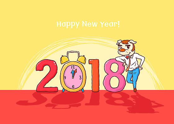 한마리 시계 일러스트 비즈니스 새로움 새해 그림자 사람없음 태양 강아지 해피뉴이어 2018년 무술년 국내일러스트 AI파일 자연요소 1 컨셉 반려동물 새해인사 개 연도 파일형식 벡터