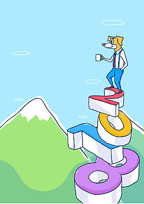 한마리 커피 생각 일러스트 새해 산 사람없음 숫자 쌓기 관찰 강아지 해피뉴이어 2018년 무술년 국내일러스트 AI파일 문자 1 음료 모션 반려동물 새해인사 개 연도 파일형식 벡터