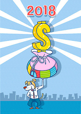 한마리 돈 일러스트 새해 복주머니 빌딩 사람없음 건물 달러 화폐기호 강아지 해피뉴이어 2018년 무술년 국내일러스트 AI파일 1 건축물 기호 전통소품 반려동물 새해인사 재산 개 연도 화폐 파일형식 벡터