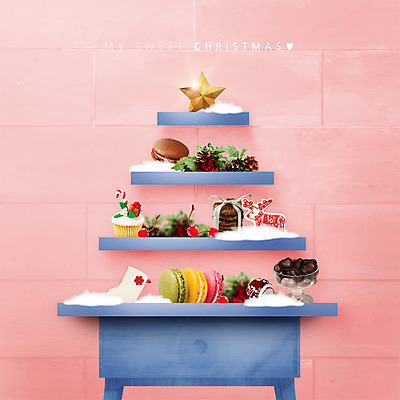 PSD 편집이미지 크리스마스 디저트 선반 사람없음 초콜릿 달콤 컵케이크 마카롱 별장식 이미지편집 기념일 별 음식 가구 장식 케이크 맛 파일형식