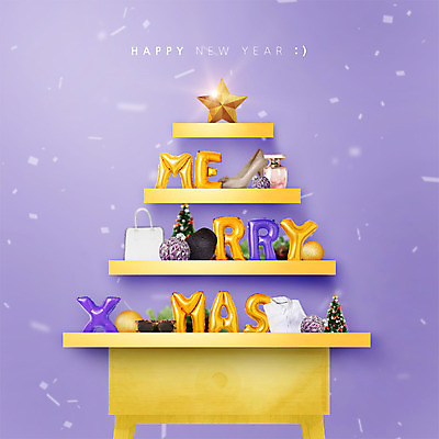 PSD 편집이미지 크리스마스 선반 사람없음 크리스마스트리 향수 해피뉴이어 풍선 별장식 이미지편집 기념일 별 가구 장식 화장품 새해인사 파일형식