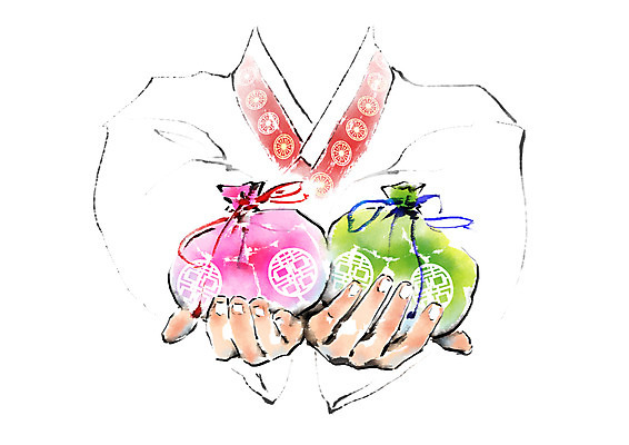 PSD 한국문화 한국전통 손 여자 명절 일러스트 캘리그라피 복주머니 한명 들기 한복 국내일러스트 1 동양문화 전통 기념일 모션 전통소품 한국 사람 신체부위 전통의상 파일형식