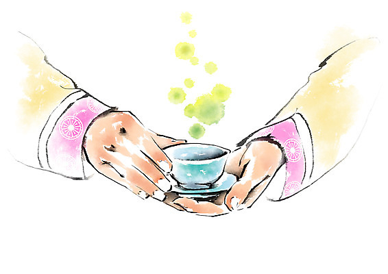 PSD 한국문화 한국전통 손 여자 명절 일러스트 캘리그라피 한명 들기 찻잔 다기 다도 한복 국내일러스트 1 동양문화 전통 기념일 모션 잔 한국 사람 신체부위 예절 전통의상 파일형식