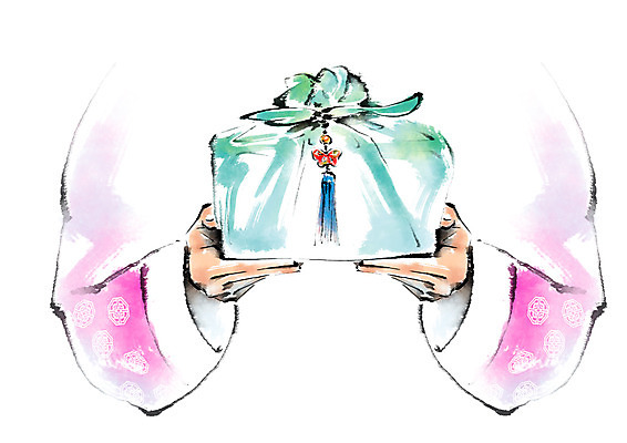 PSD 한국문화 한국전통 손 여자 명절 일러스트 캘리그라피 선물 한명 들기 보자기 한복 노리개 국내일러스트 1 동양문화 전통 기념일 모션 전통소품 한국 사람 신체부위 전통의상 파일형식 천_직물