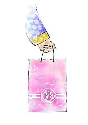 PSD 한국문화 한국전통 손 여자 명절 일러스트 캘리그라피 선물 한명 들기 쇼핑백 한복 국내일러스트 1 동양문화 전통 기념일 가방 모션 한국 사람 신체부위 전통의상 파일형식