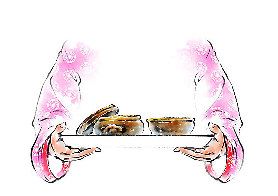 PSD 한국문화 한국전통 그릇 손 여자 명절 일러스트 캘리그라피 쟁반 한명 들기 한복 국내일러스트 1 동양문화 전통 식기 기념일 모션 한국 사람 신체부위 전통의상 파일형식