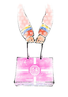 PSD 한국문화 한국전통 손 여자 명절 일러스트 캘리그라피 선물 한명 들기 쇼핑백 한복 국내일러스트 1 동양문화 전통 기념일 가방 모션 한국 사람 신체부위 전통의상 파일형식