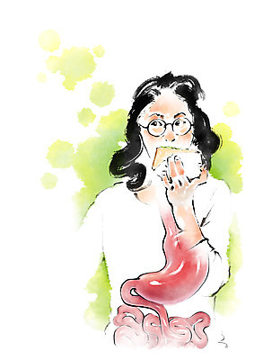 PSD 여자 음식 일러스트 캘리그라피 건강 한명 상반신 성인 건강관리 소화기관 질병 먹기 위장 위장질환 국내일러스트 1 의학 모션 관리 사람 장기_의학 파일형식