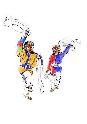 전신 PSD 한국문화 한국전통 남자 일러스트 캘리그라피 가면 서기 성인 두명 한복 전통공연 탈춤 가면극 국내일러스트 동양문화 전통 모션 한국 사람 공연 전통의상 전통무용 연극 파일형식