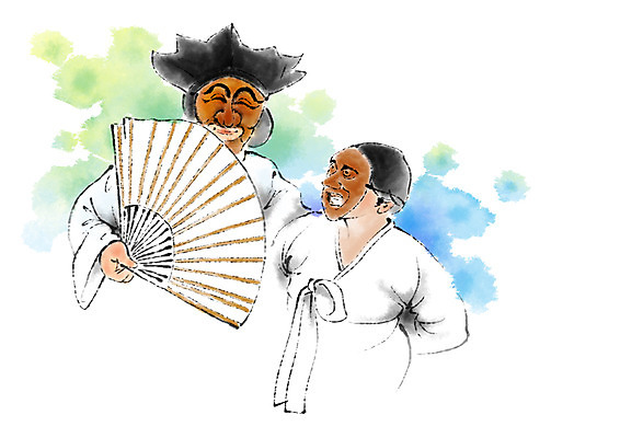 PSD 한국문화 한국전통 부부 여자 남자 일러스트 캘리그라피 가면 상반신 성인 두명 부채 한복 전통공연 양반 가면극 양반갓 국내일러스트 동양문화 전통 커플 한국 사람 공연 전통의상 신분 연극 파일형식