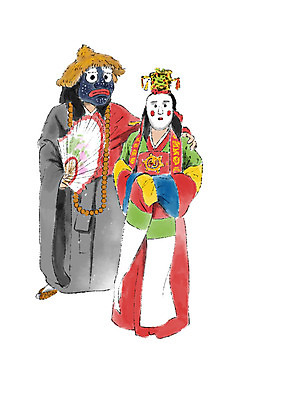 전신 PSD 한국문화 한국전통 여자 남자 신부 일러스트 캘리그라피 가면 서기 성인 두명 부채 한복 전통공연 승려 혼례복 승복 가면극 국내일러스트 동양문화 전통 결혼 모션 한국 사람 공연 전통의상 성직자 연극 파일형식