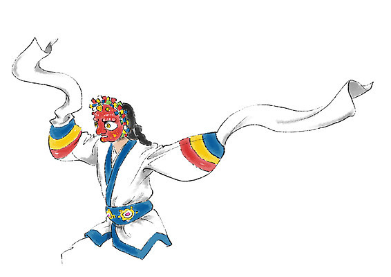 PSD 한국문화 한국전통 남자 일러스트 캘리그라피 가면 한명 상반신 성인 한복 전통공연 탈춤 가면극 국내일러스트 1 동양문화 전통 한국 사람 공연 전통의상 전통무용 연극 파일형식