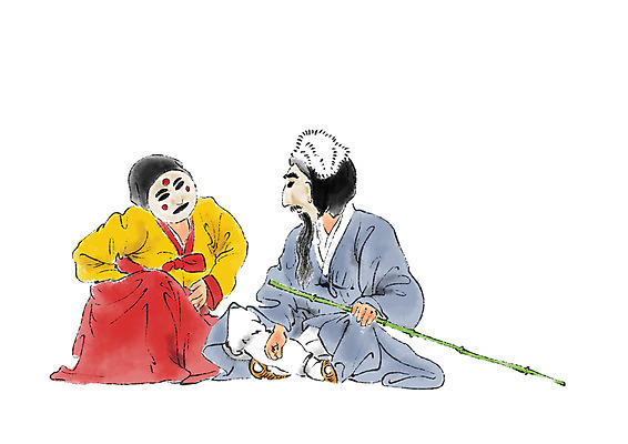 전신 PSD 한국문화 한국전통 여자 남자 일러스트 캘리그라피 가면 앉기 성인 두명 한복 전통공연 대나무 가면극 국내일러스트 나무 동양문화 전통 모션 한국 사람 공연 전통의상 연극 파일형식