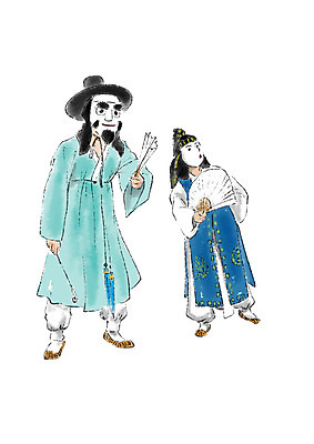 전신 PSD 한국문화 한국전통 남자 어린이 일러스트 캘리그라피 가면 서기 성인 두명 부채 한복 전통공연 양반 가면극 양반갓 국내일러스트 동양문화 전통 모션 한국 사람 공연 전통의상 신분 연극 파일형식