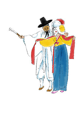 전신 PSD 한국문화 한국전통 여자 남자 일러스트 캘리그라피 가면 서기 성인 두명 부채 한복 전통공연 양반 가면극 양반갓 국내일러스트 동양문화 전통 모션 한국 사람 공연 전통의상 신분 연극 파일형식