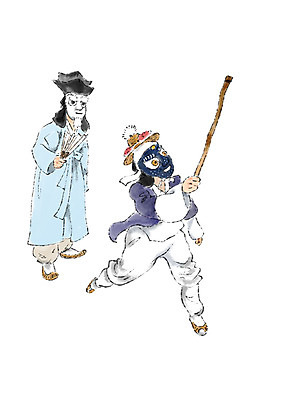 전신 PSD 한국문화 한국전통 남자 일러스트 캘리그라피 지팡이 가면 서기 성인 두명 부채 한복 전통공연 양반 가면극 국내일러스트 동양문화 전통 모션 한국 사람 공연 전통의상 신분 연극 파일형식