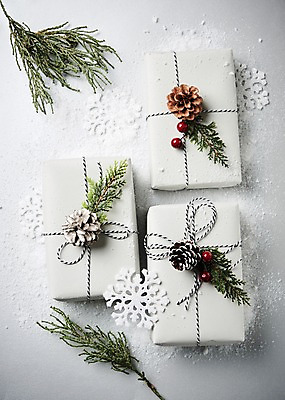 포토 JPG 스튜디오촬영 리본 크리스마스 크리스마스용품 나뭇잎 눈꽃 실내 선물 사람없음 선물상자 오브젝트 국내포토 기념일 잎 눈_날씨 내부 상자 용품 파일형식