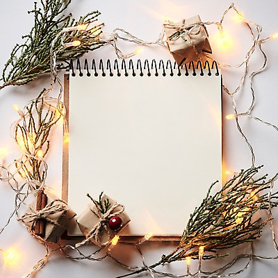 포토 JPG 스튜디오촬영 크리스마스 크리스마스용품 나뭇잎 프레임 실내 선물 사람없음 오브젝트 스프링노트 꼬마전구 국내포토 기념일 잎 전구 내부 공책 용품 파일형식