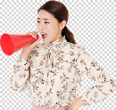 편집 편집이미지 여자 허리손 한명 들기 상반신 20대 앞모습 확성기 외침 한국인 알림 PNG 편집소스 1 뷰포인트 포즈 모션 사람 동양인 청년 소리 파일형식