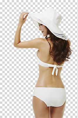 편집 편집이미지 모자 여자 한명 서기 상반신 20대 뒷모습 여름휴가 바캉스 비키니 만지기 한국인 뒤돌아보기 PNG 편집소스 1 잡화 수영복 뷰포인트 모션 휴가 사람 동양인 청년 파일형식 여름_계절