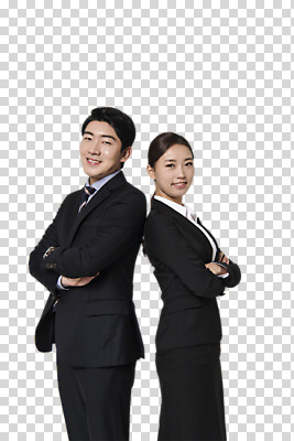 편집 편집이미지 여자 남자 서기 웃음 정장 상반신 20대 성인 두명 옆모습 팔짱 한국인 등맞대기 비즈니스맨 비즈니스우먼 동료 PNG 성인만 편집소스 옷 뷰포인트 비즈니스 관계 모션 표정 사람 동양인 청년 직장인 파일형식