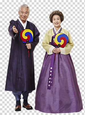 전신 편집 편집이미지 한국전통 여자 할아버지 노년 남자 할머니 서기 미소 들기 두명 앞모습 노부부 한국인 부채 60대 한복 손내밀기 태극선 PNG 편집소스 전통 부부 뷰포인트 모션 한국 표정 사람 동양인 손짓 성인 전통의상 전통부채 파일형식