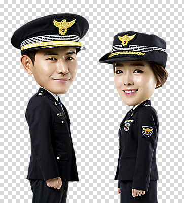 편집 편집이미지 여자 남자 웃음 상반신 20대 두명 옆모습 한국인 경찰 경찰복 경찰모자 PNG SD캐릭터 편집소스 직업 캐릭터 모자_잡화 뷰포인트 유니폼 표정 사람 동양인 청년 파일형식